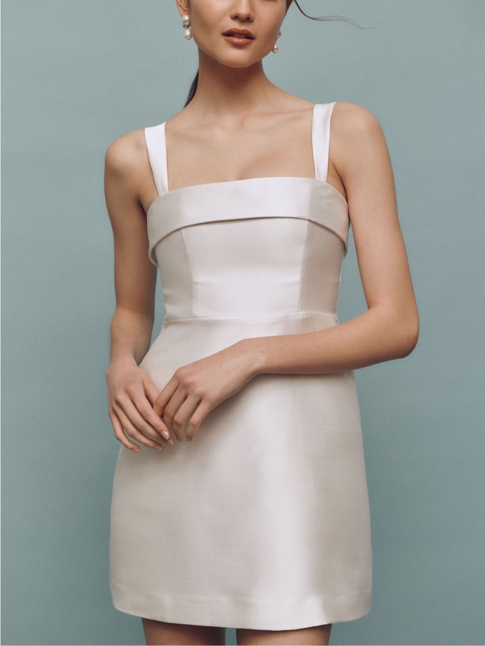 BHLDN Ivory Satin Square-Neck A-Line Mini Dress Wedding Engagement